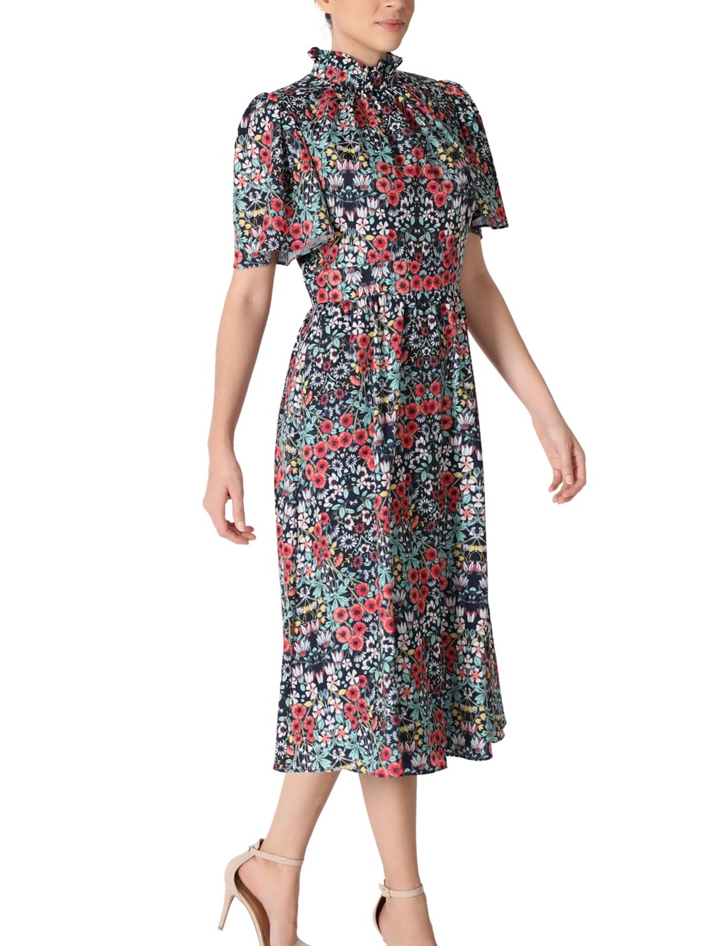 JULIA JORDAN || Navy multi Floral Midi Mock Neck A-Line Dress, Ruffle collar